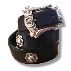 VTG Fossil Western Belt Womens Black Leather Silver Tone Conchos Cowgirl Size M